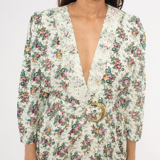 90s SL Fashions Floral Midi Dress Lace Collar V Neck Belted Gold Buckle Medium M