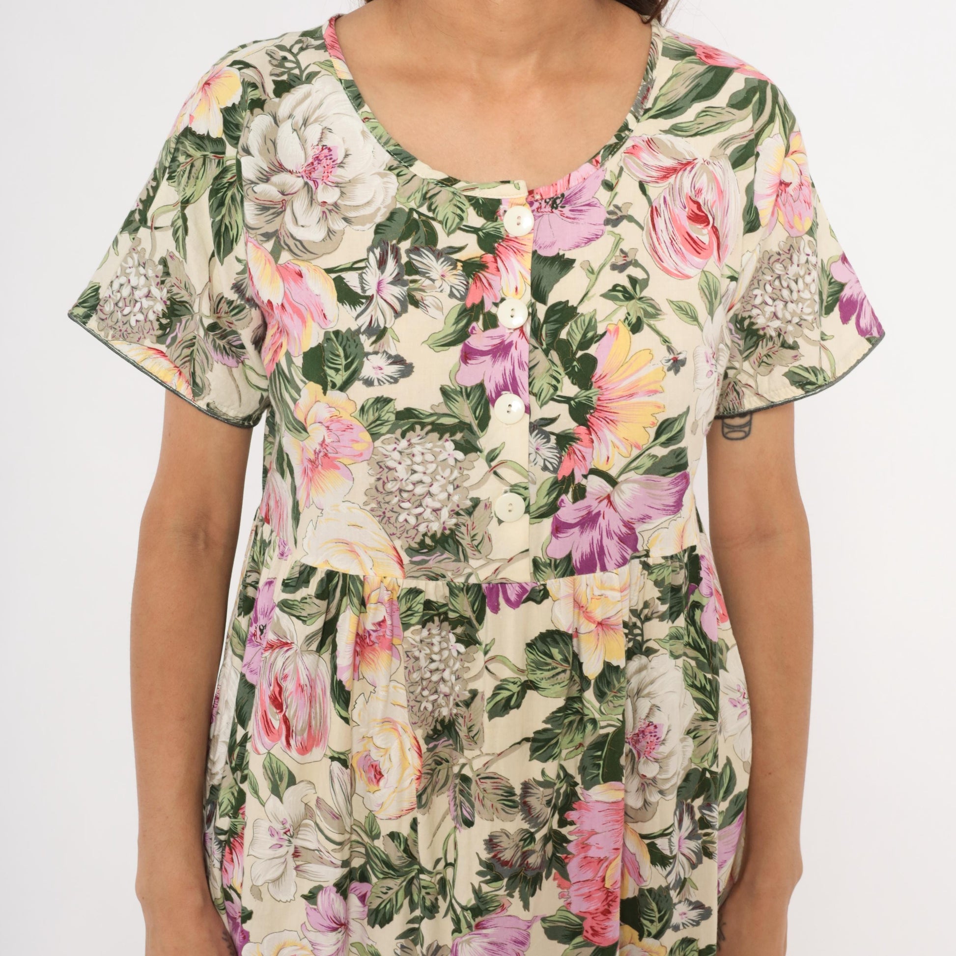 90s Day In Day Out Floral Midi Dress Cream Pink Garden Print Cotton Medium M
