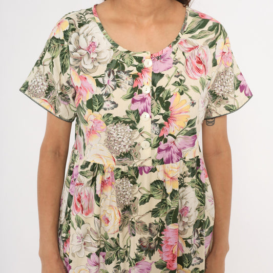 90s Day In Day Out Floral Midi Dress Cream Pink Garden Print Cotton Medium M
