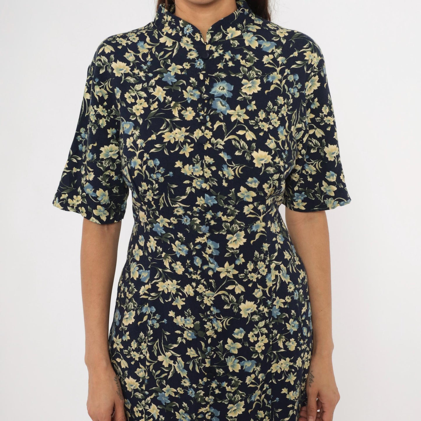 90s Express Navy Floral Maxi Dress Mandarin Collar Button Front Medium M
