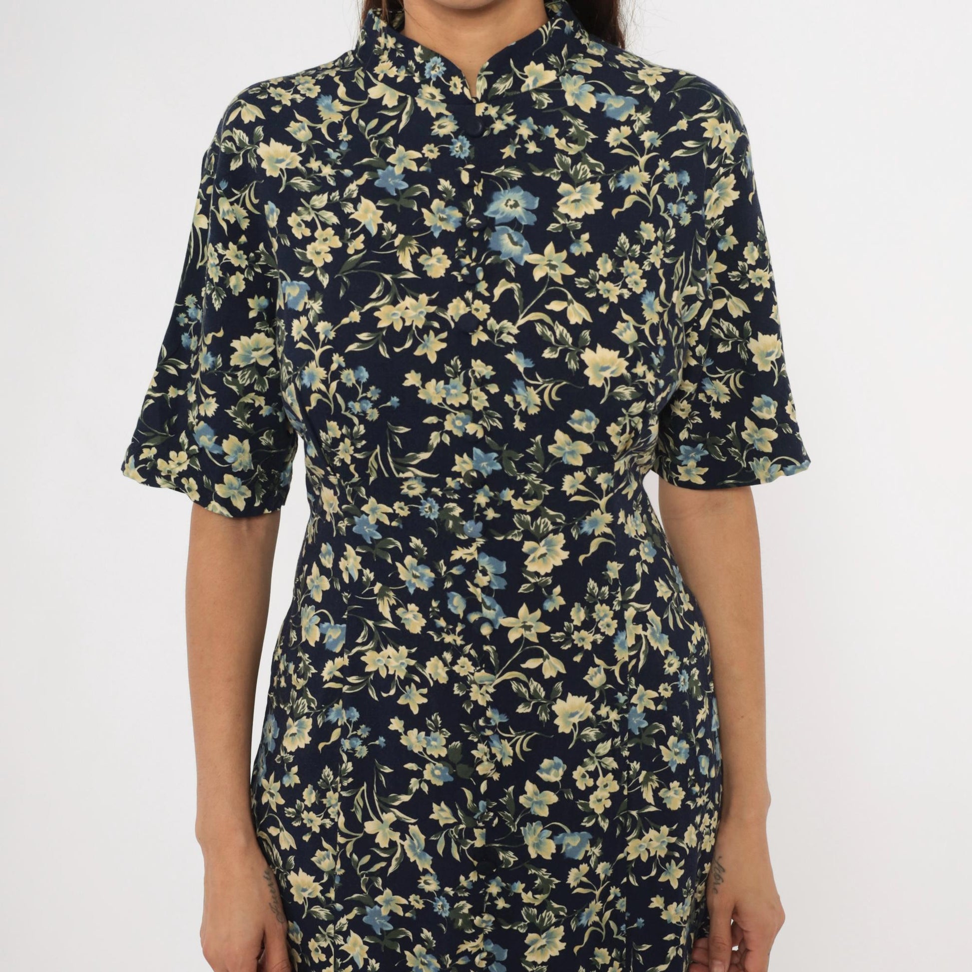 90s Express Navy Floral Maxi Dress Mandarin Collar Button Front Medium M