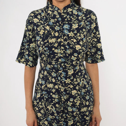 90s Express Navy Floral Maxi Dress Mandarin Collar Button Front Medium M