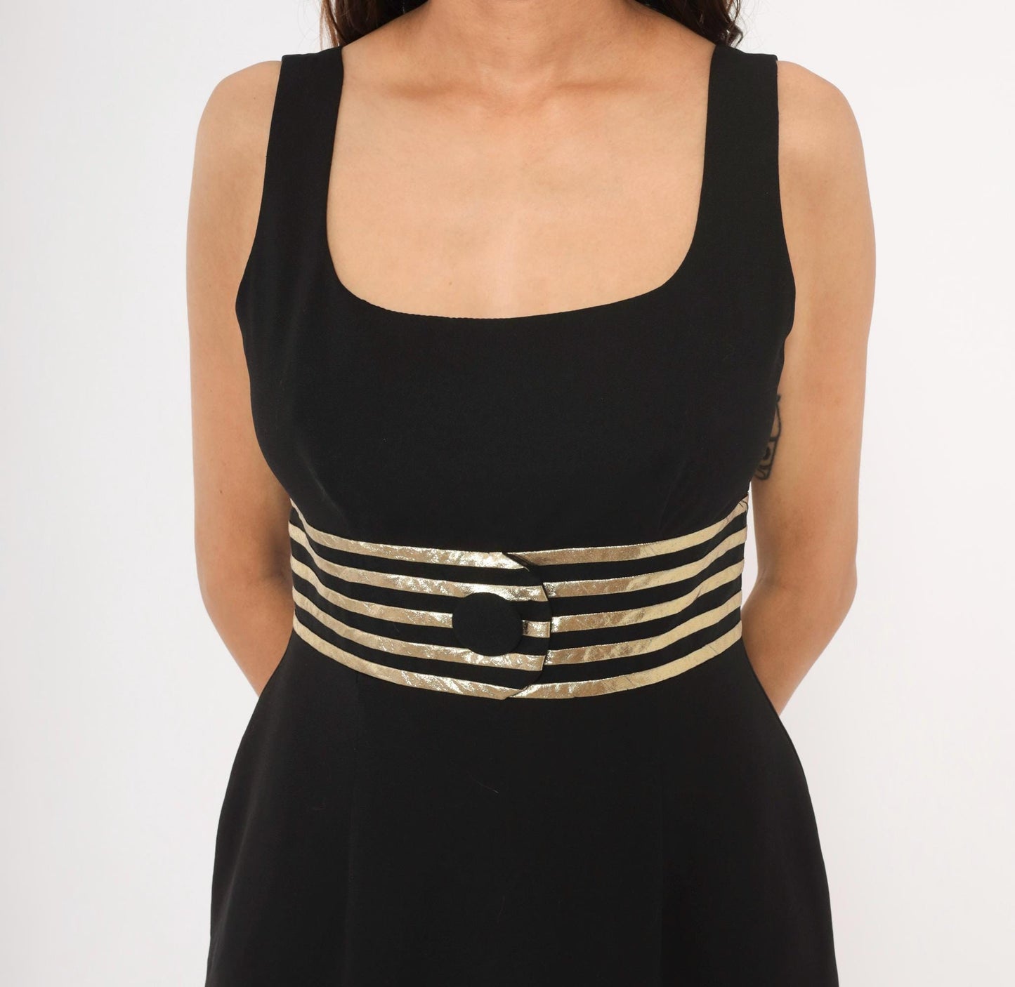 90s Datiani Black Mini Dress Gold Striped Waistband Sleeveless Medium M