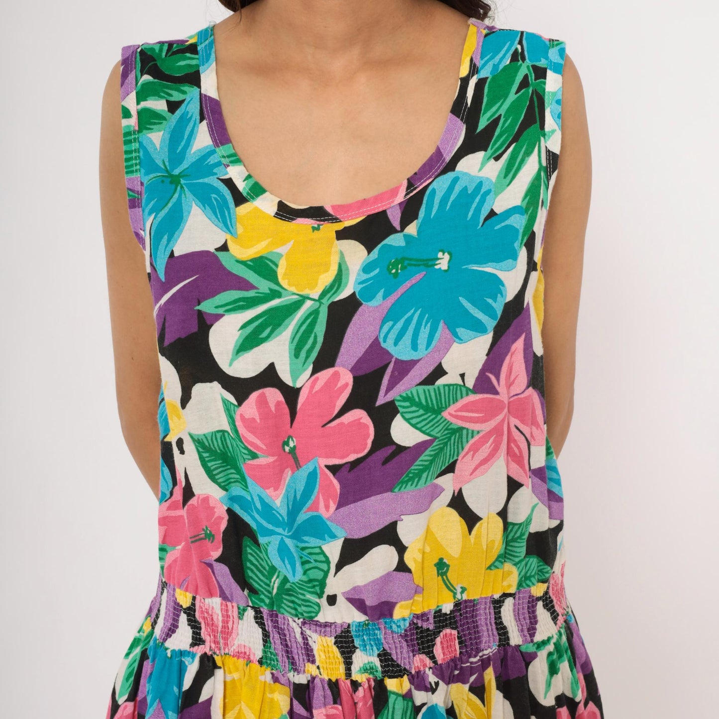 90s Tumbleweeds Tropical Hibiscus Midi Sundress Cotton Scoop Neck Large L