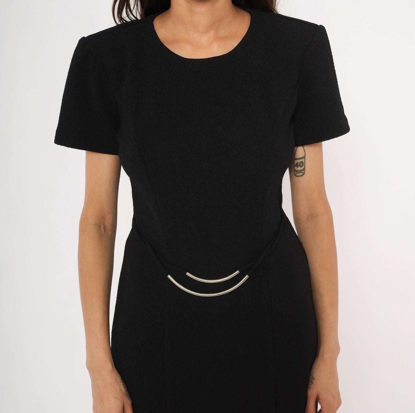 90s Scarlett Black Maxi Dress Silver Metal Waist Accents Short Sleeve Small
