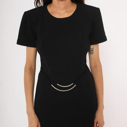 90s Scarlett Black Maxi Dress Silver Metal Waist Accents Short Sleeve Small