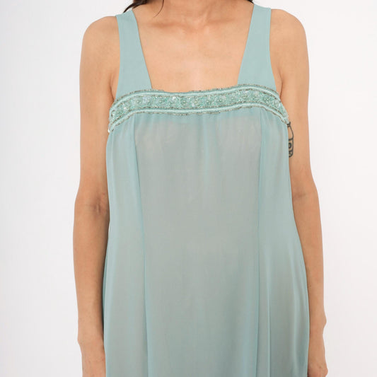 80s Ursula Ice Blue Maxi Dress Beaded Chiffon Empire Waist Small