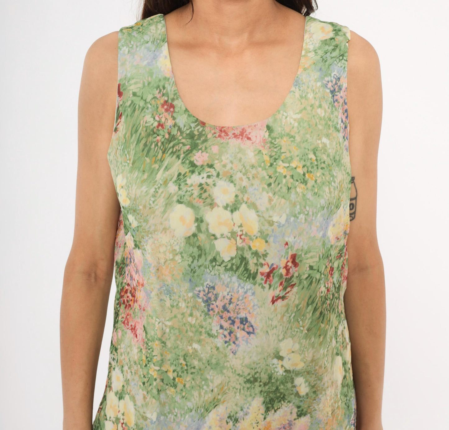 90s K Studio Floral Midi Dress Impressionist Garden Print Green Pink Extra Large