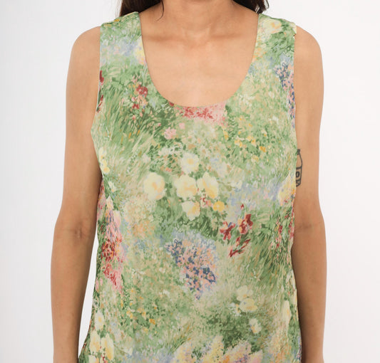 90s K Studio Floral Midi Dress Impressionist Garden Print Green Pink Extra Large
