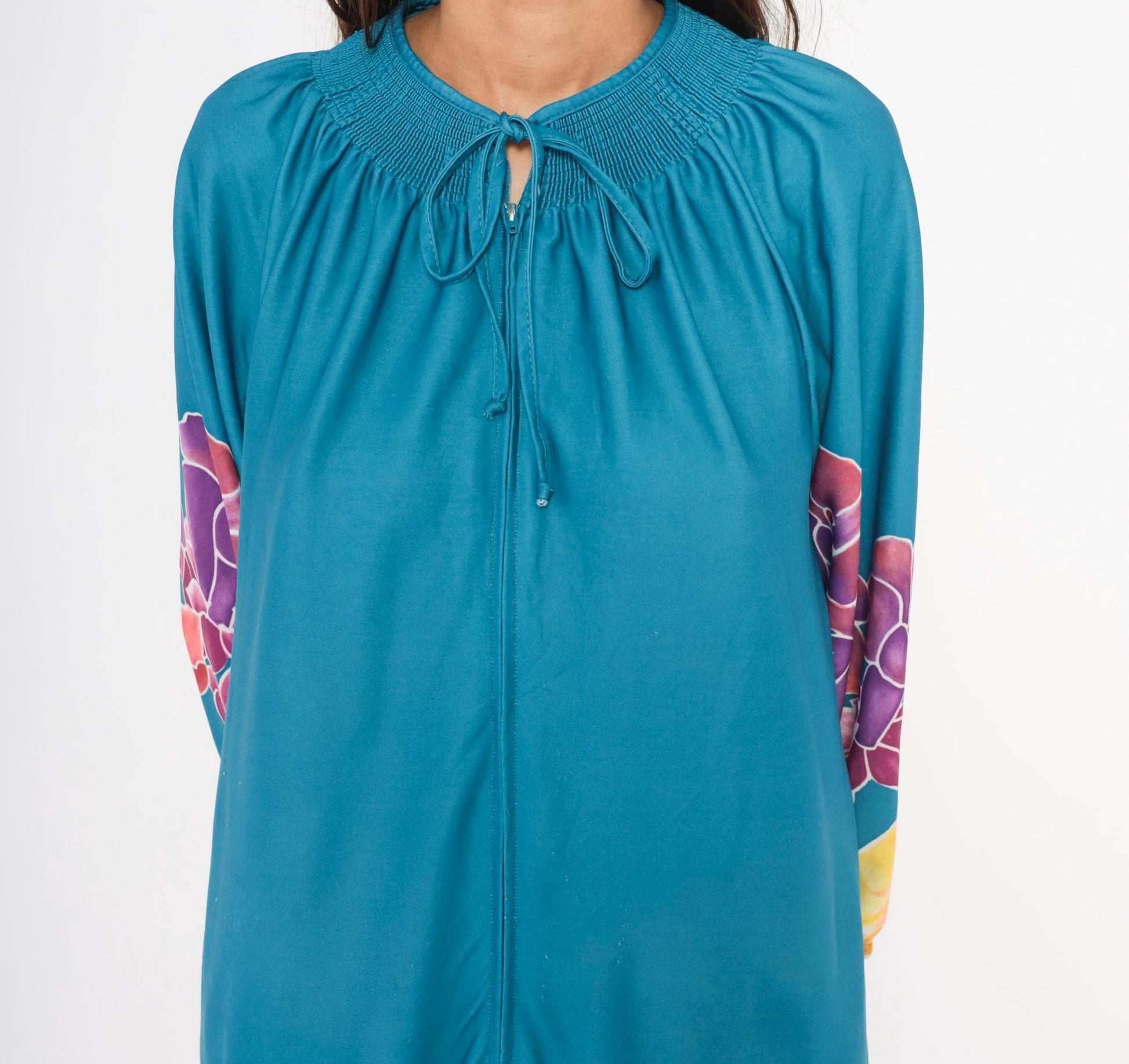 70s Teal Floral Caftan Maxi Dress Smocked Neckline Zip Front Medium M