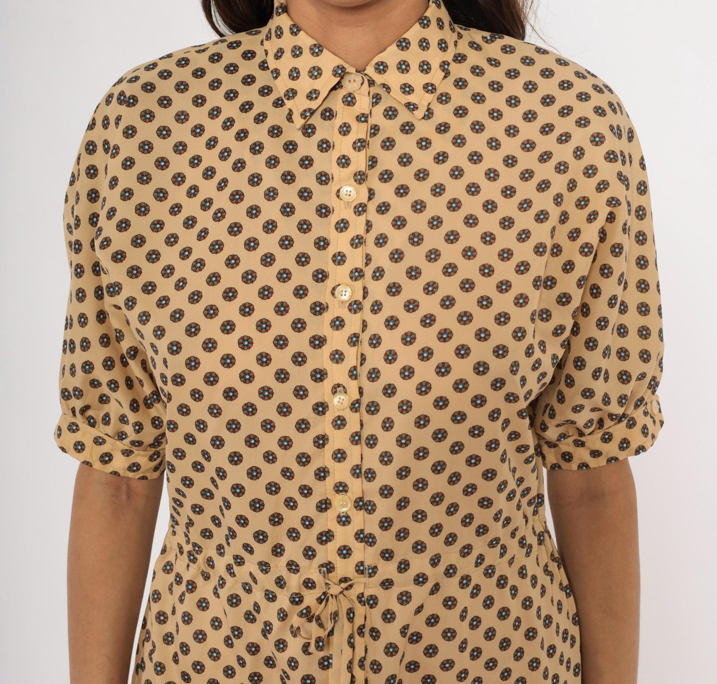80s Kevin Stuart Petites Medallion Floral Shirtdress Tan Medium M
