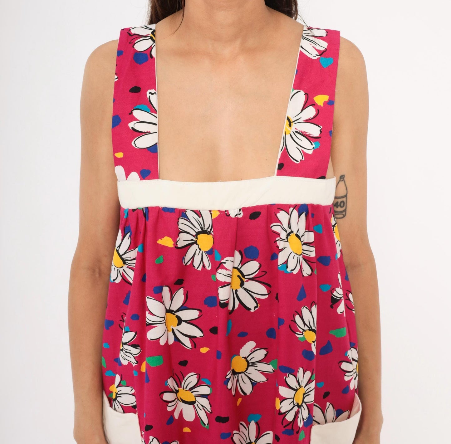 90s Fuchsia Daisy Print Cotton Sundress Square Neck Ruffle Pockets Small