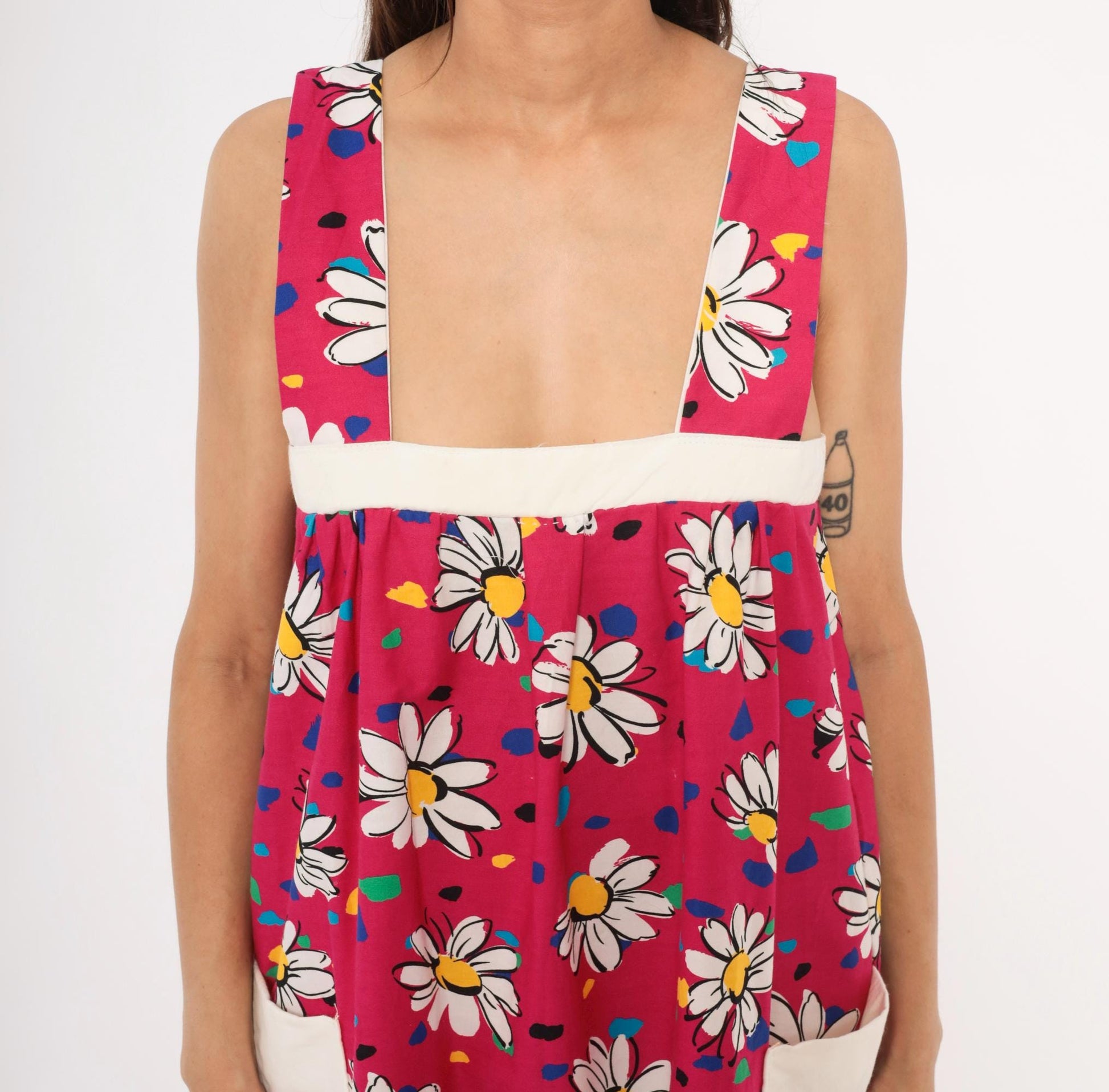 90s Fuchsia Daisy Print Cotton Sundress Square Neck Ruffle Pockets Small