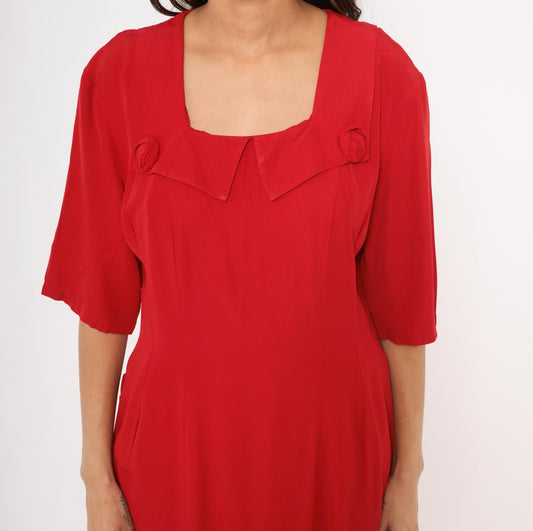 90s Atina Crimson Midi Dress Square Neckline Rosette Half Sleeve Large L