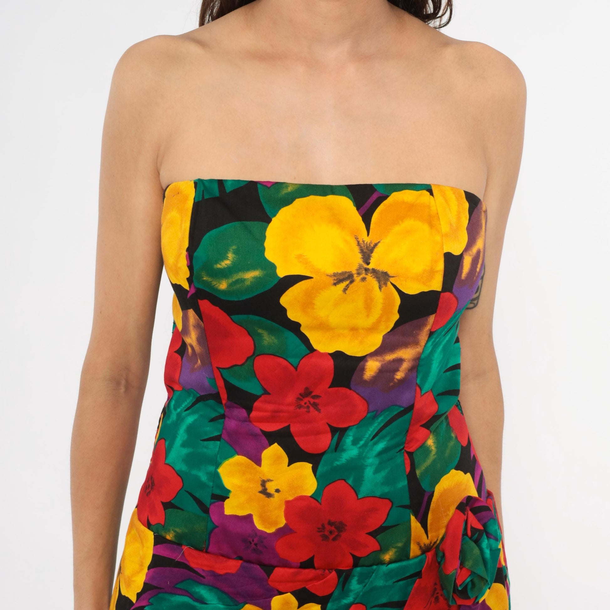 90s Positively Ellyn Tropical Floral Strapless Dress Knee-Length Wrap Skirt Large