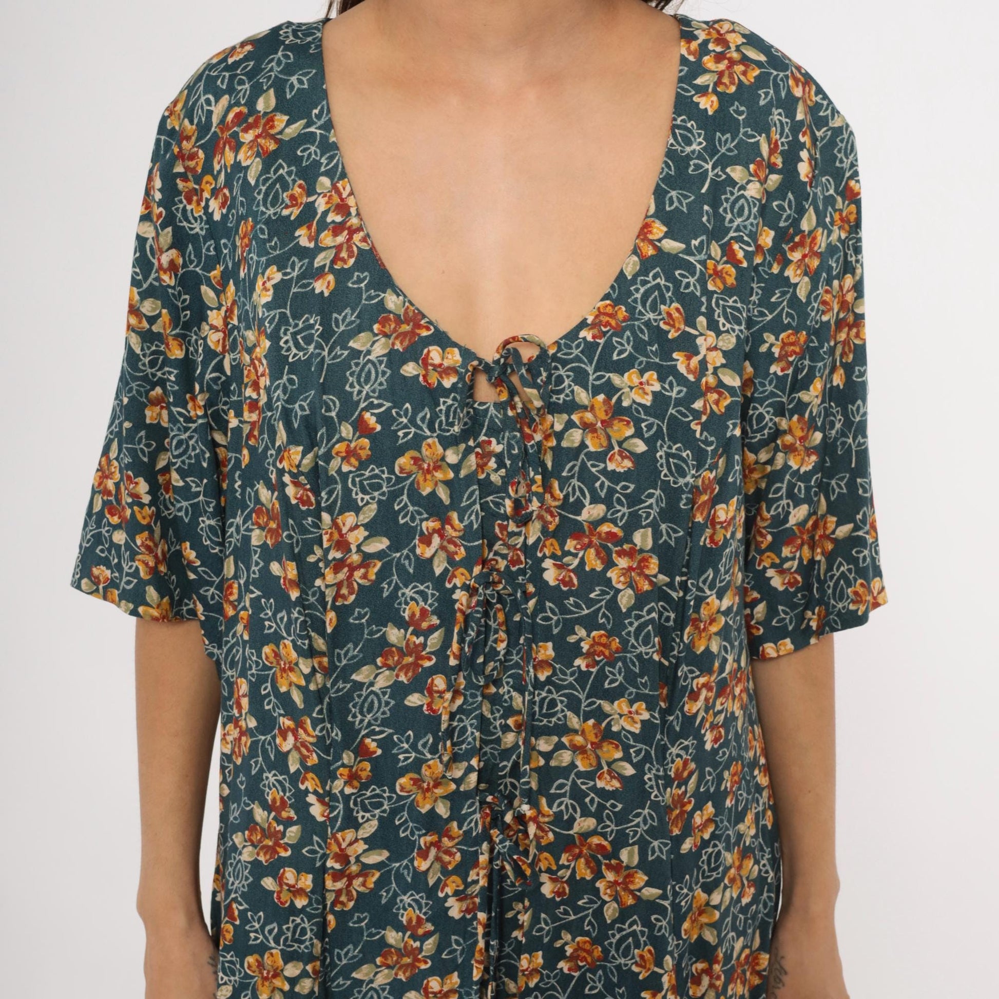 90s The Avenue Floral Midi Dress Teal Orange Flutter Sleeve Tie Front XXL