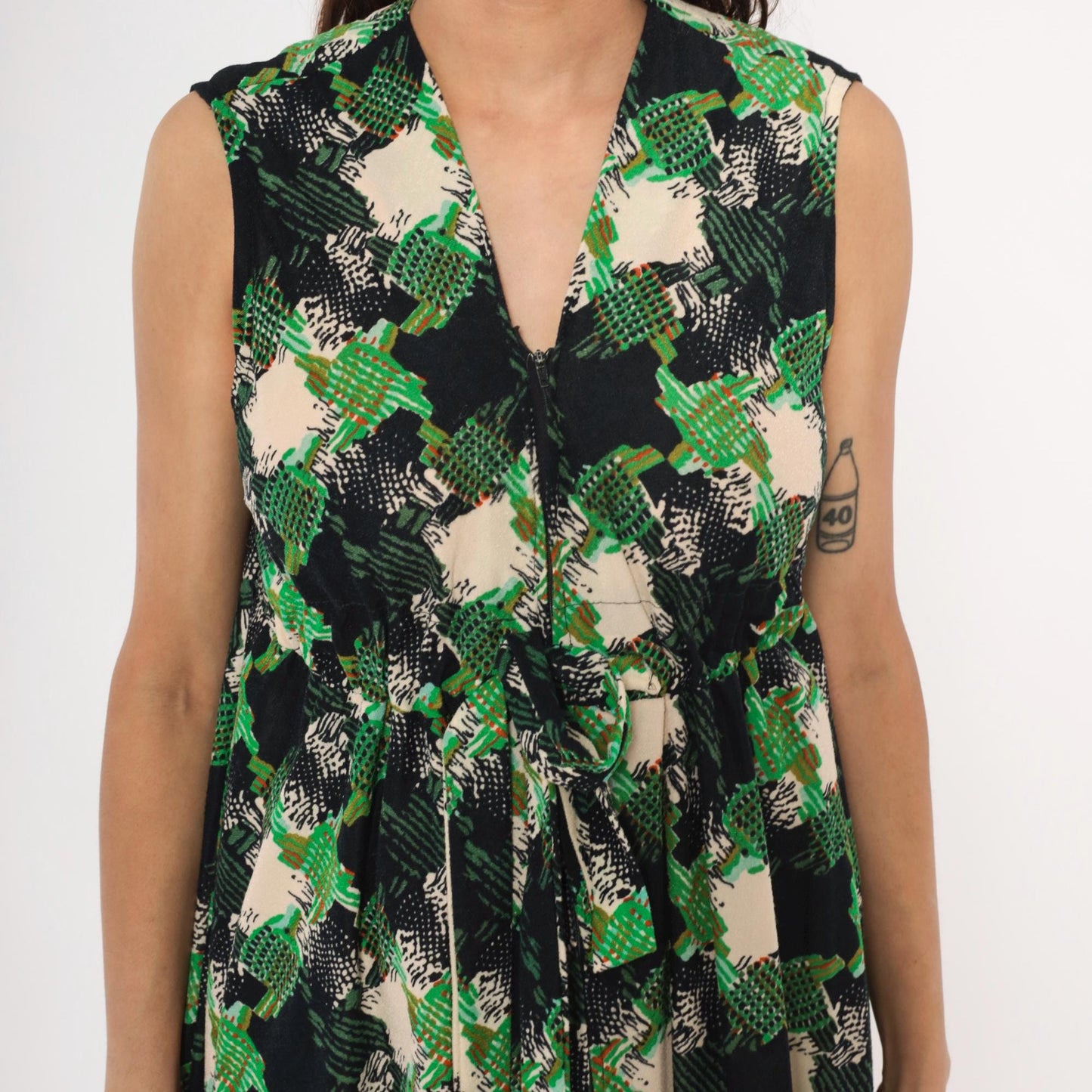 70s Psychedelic Abstract Mini Dress Green Black Cream V-Neck Sleeveless Small