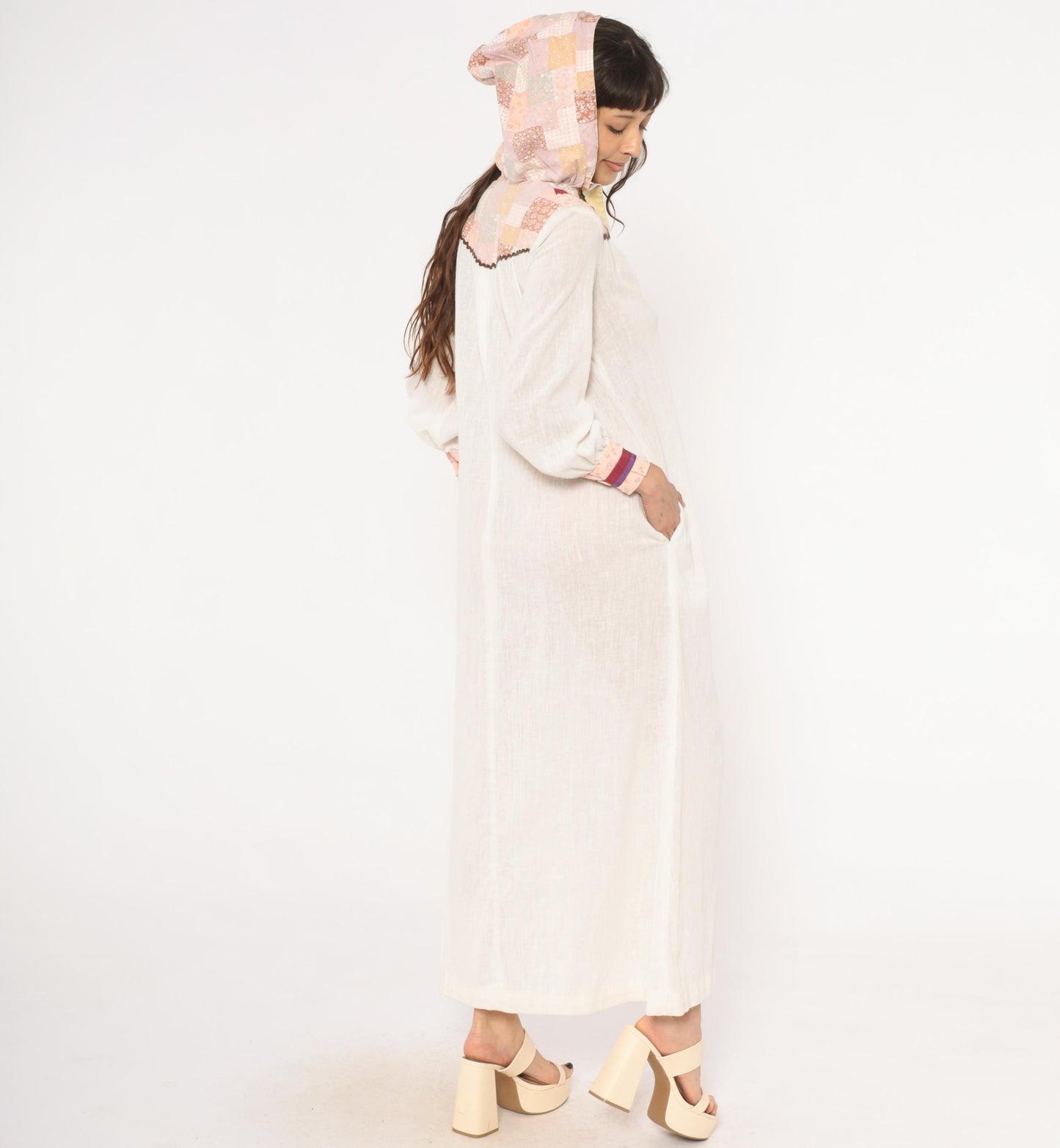 70s Patchwork Hood Maxi Dress White Linen V Neck Bishop Sleeve Small