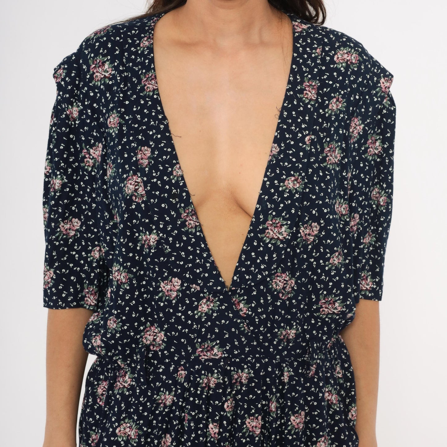 90s Navy Floral Midi Dress Pink Rose Print Deep V Neck Short Sleeve XL