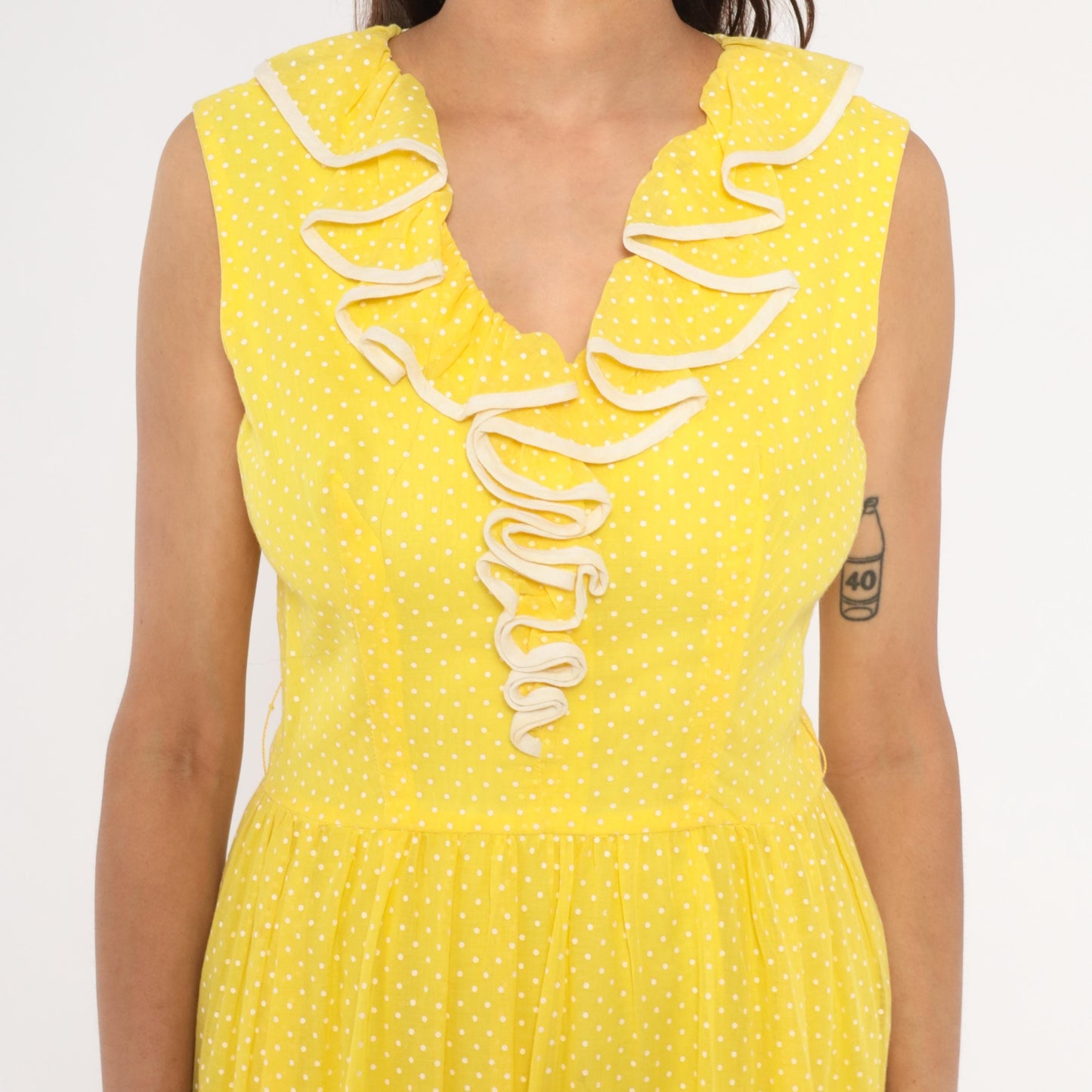 70s Miss Elliette Yellow Polka Dot Maxi Dress Ruffled V-Neck Medium M