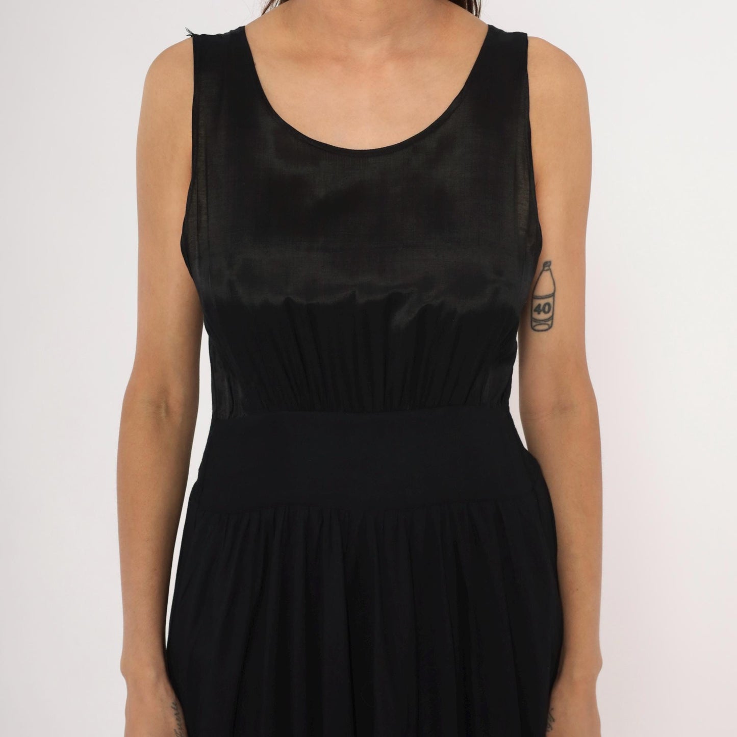 90s Black Satin Bodice Midi Dress Sleeveless Scoop Neck Flared Skirt Small