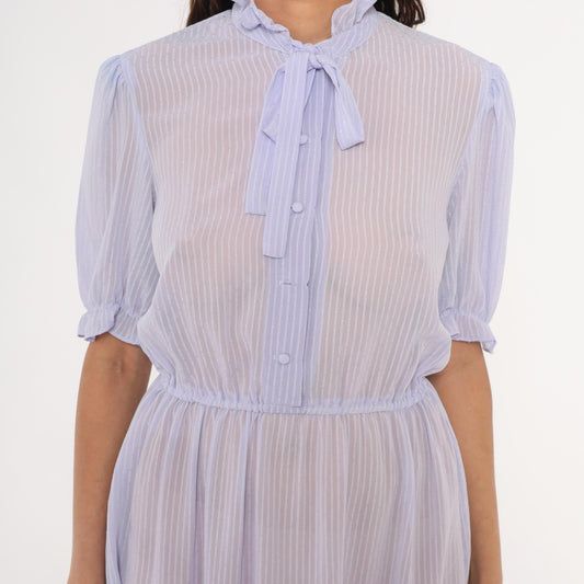 80s Lavender Sheer Stripe Dress Puff Sleeve Bow Tie Ruffle Collar Small