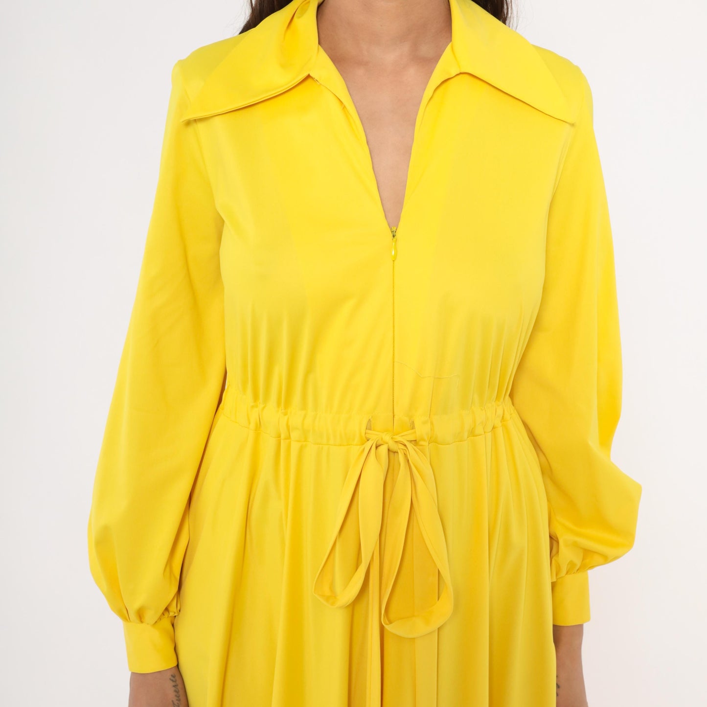 70s Vanity Fair Yellow Maxi Dress Balloon Sleeve Zip Front Gathered Skirt Medium