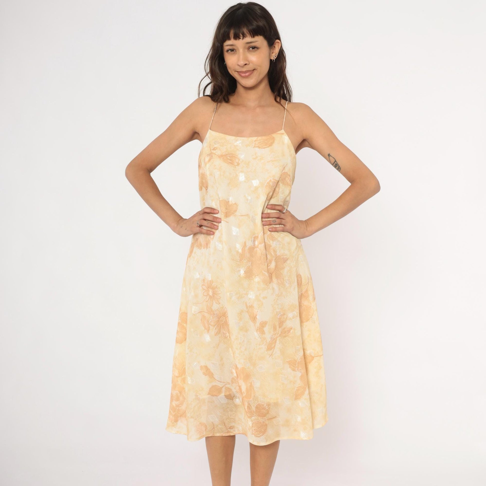 00s Dress-U-Ii Gold Floral Slip Dress Midi Cream Rose Print Spaghetti Strap Large L