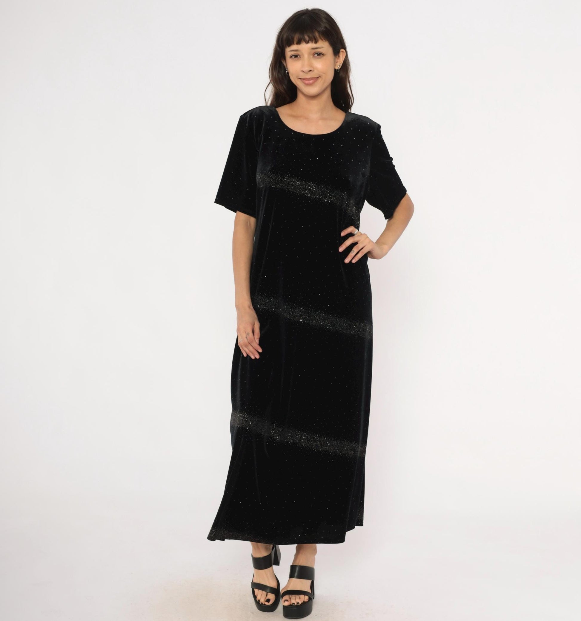 90s Jessica Howard Black Velvet Maxi Dress Glitter Scoop Neck Short Sleeve Large L