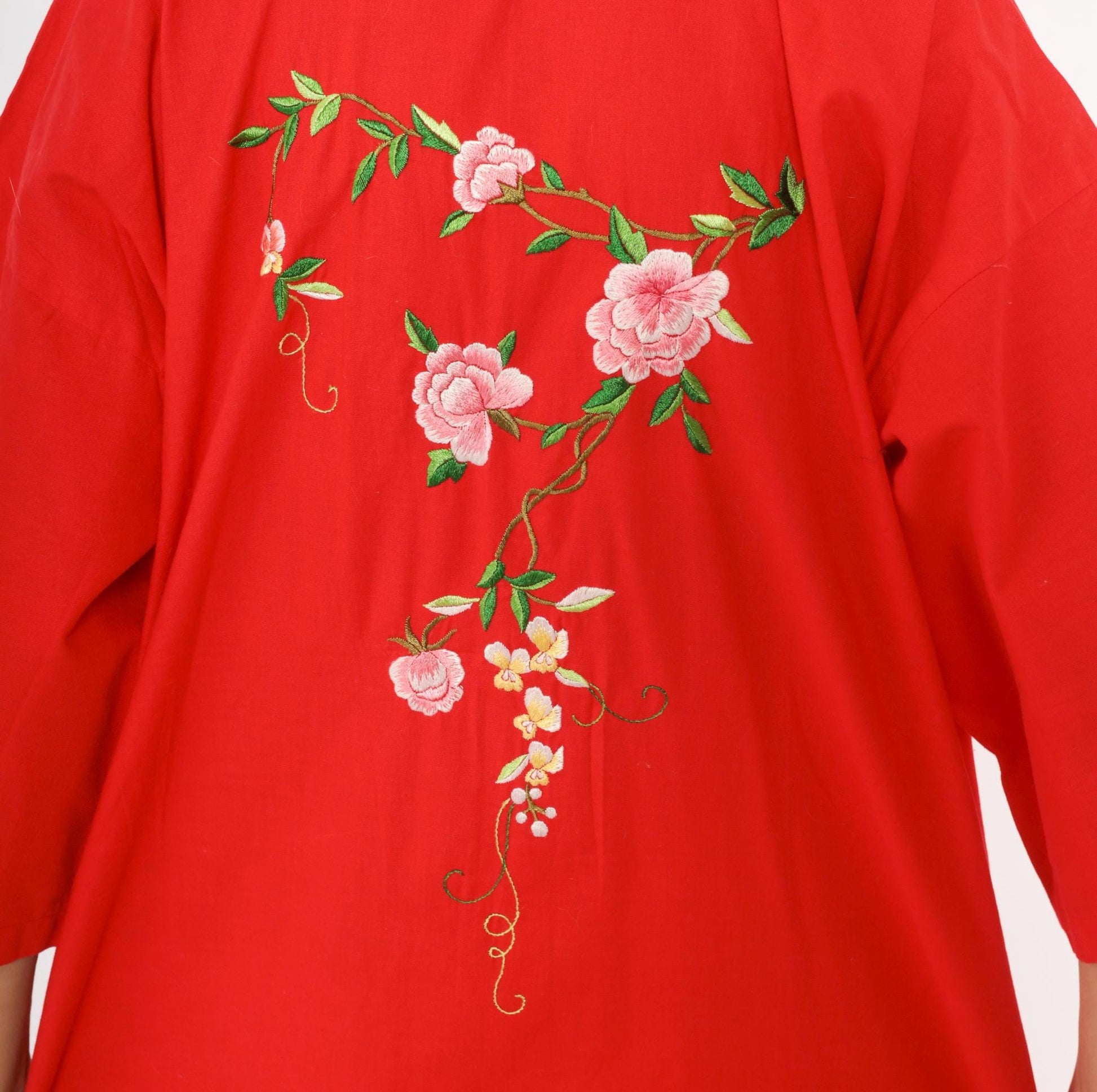 90s Peacock Red Kimono Robe Embroidered Floral Cotton Maxi Unisex Small
