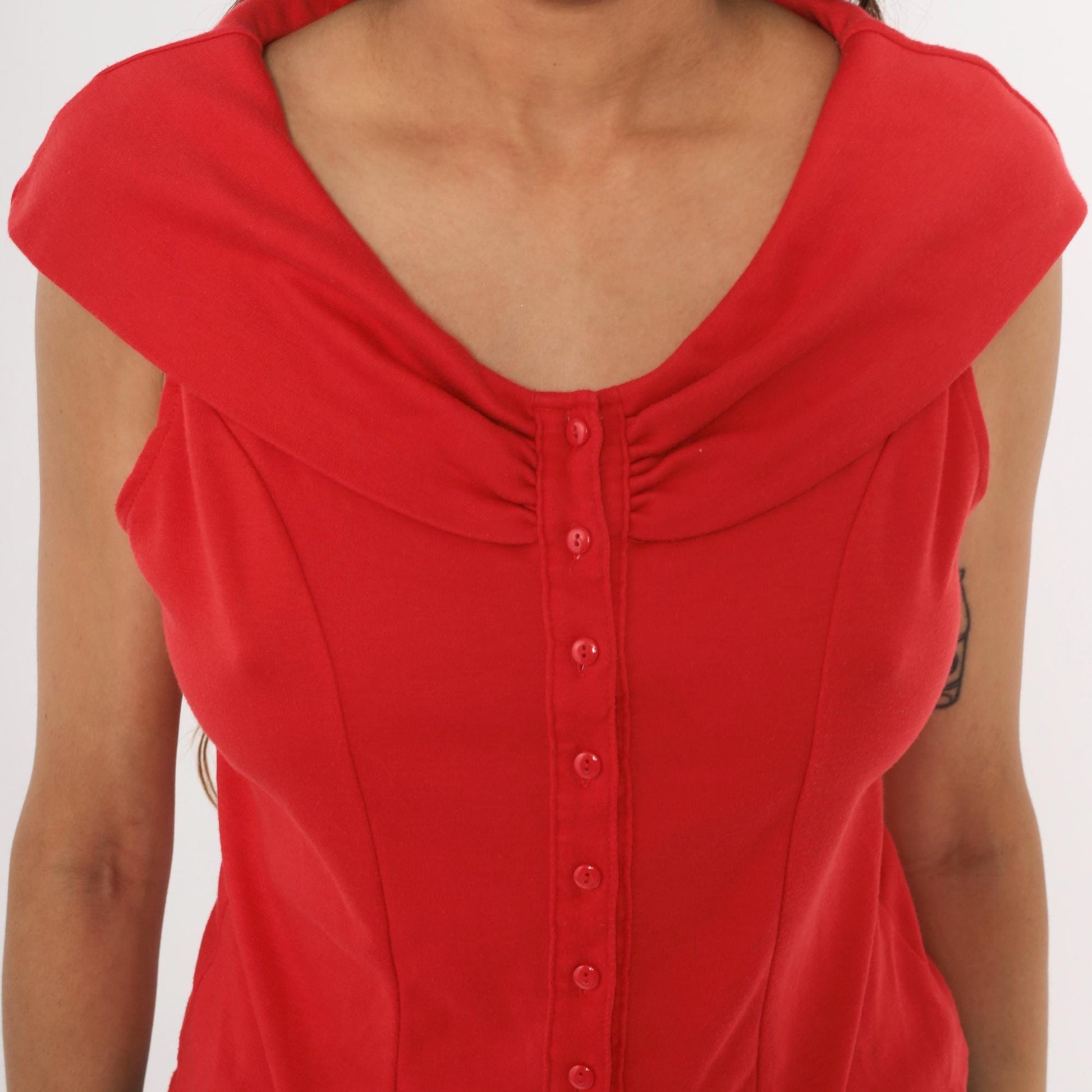 90s Dirty Dancing Red Button Front Blouse Cowl Neck Cap Sleeve Fitted Large L