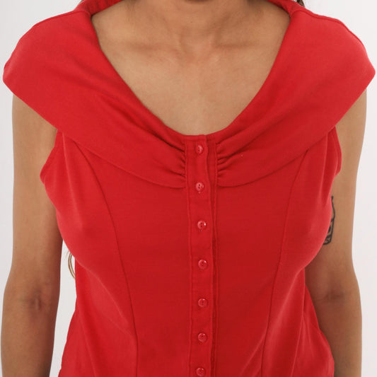 90s Dirty Dancing Red Button Front Blouse Cowl Neck Cap Sleeve Fitted Large L