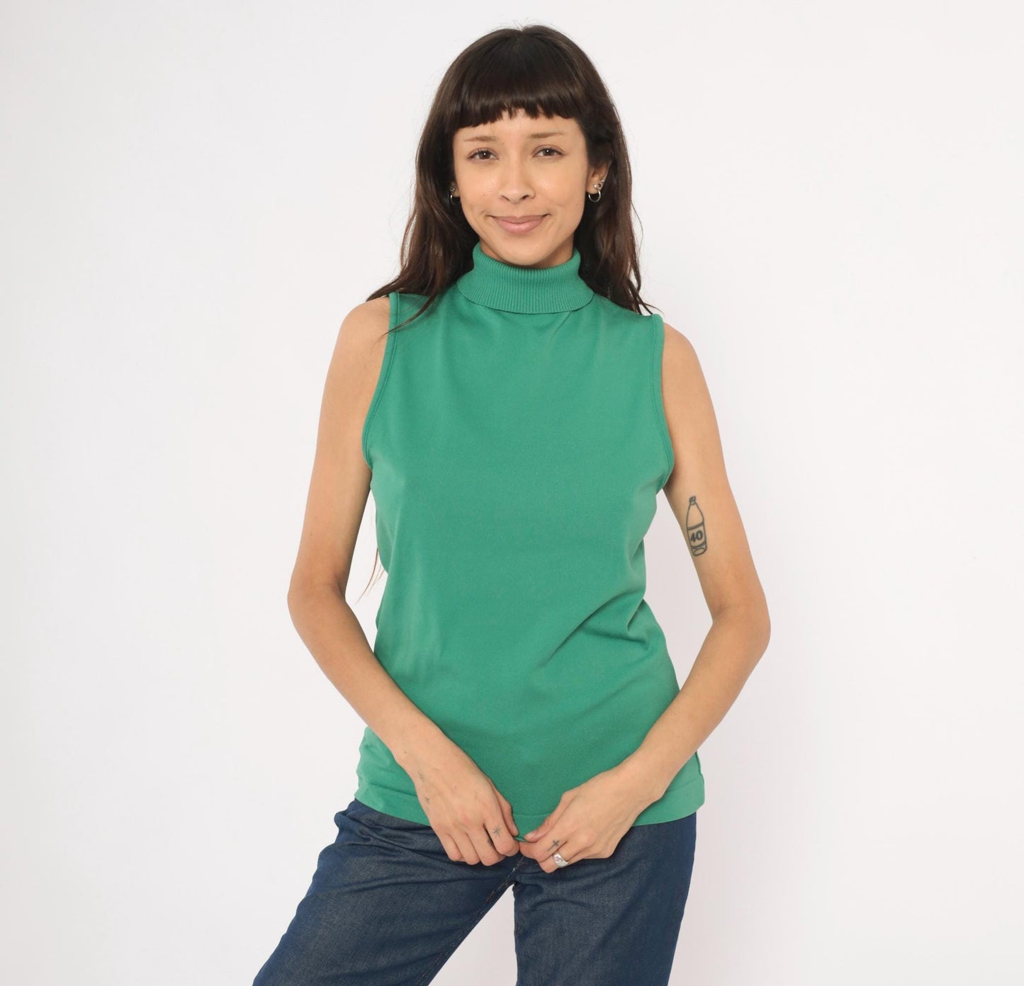 70s Sage Green Sleeveless Mock Neck Knit Tank Top Ribbed Shell Medium Large