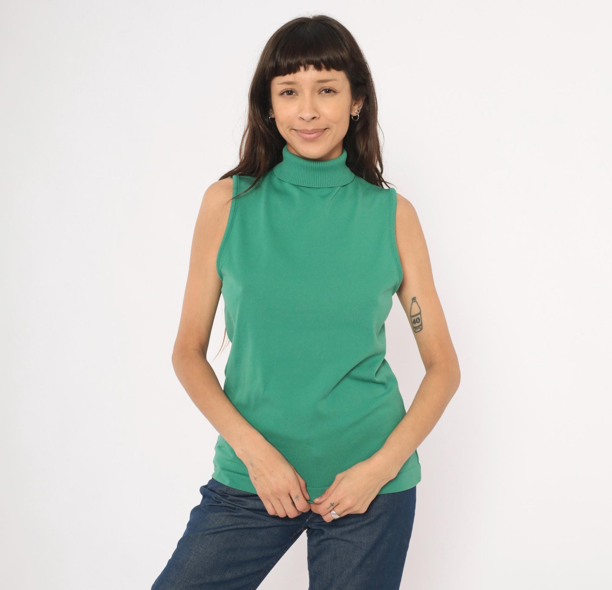 70s Sage Green Sleeveless Mock Neck Knit Tank Top Ribbed Shell Medium Large