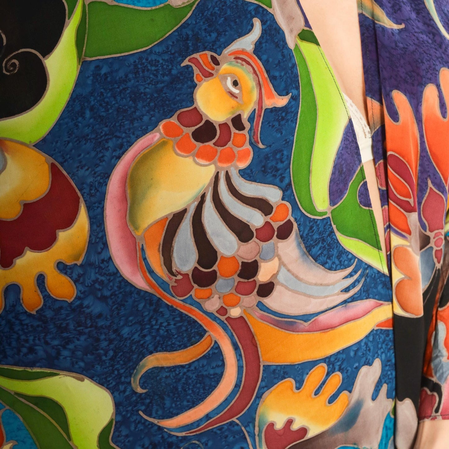2000s Deeva Silk Kimono Jacket Multicolor Bird Floral Abstract One Size