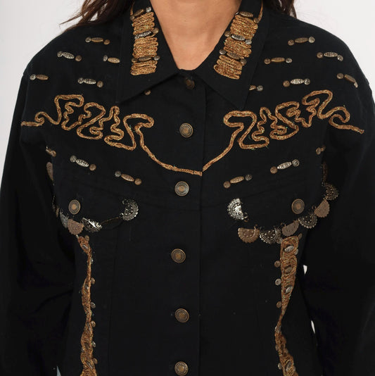90s Styleworks Black Denim Jacket Gold Coin Charm Embroidered Cropped Large L