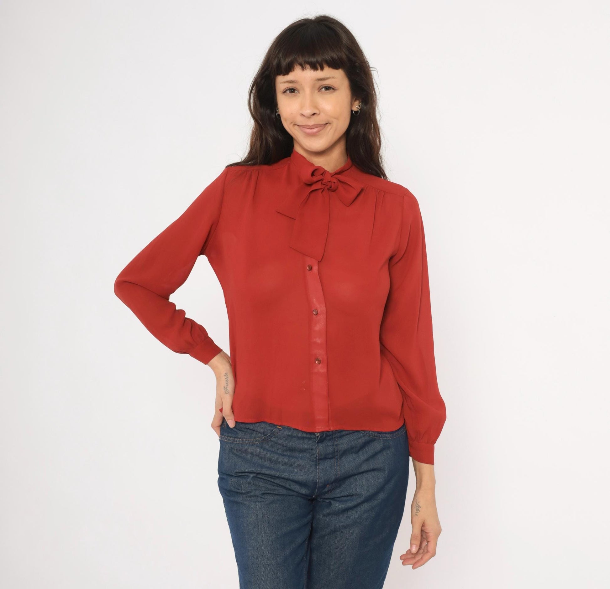 70s Kanga Petite Bow Neck Blouse Rust Terra Cotta Button Front Small
