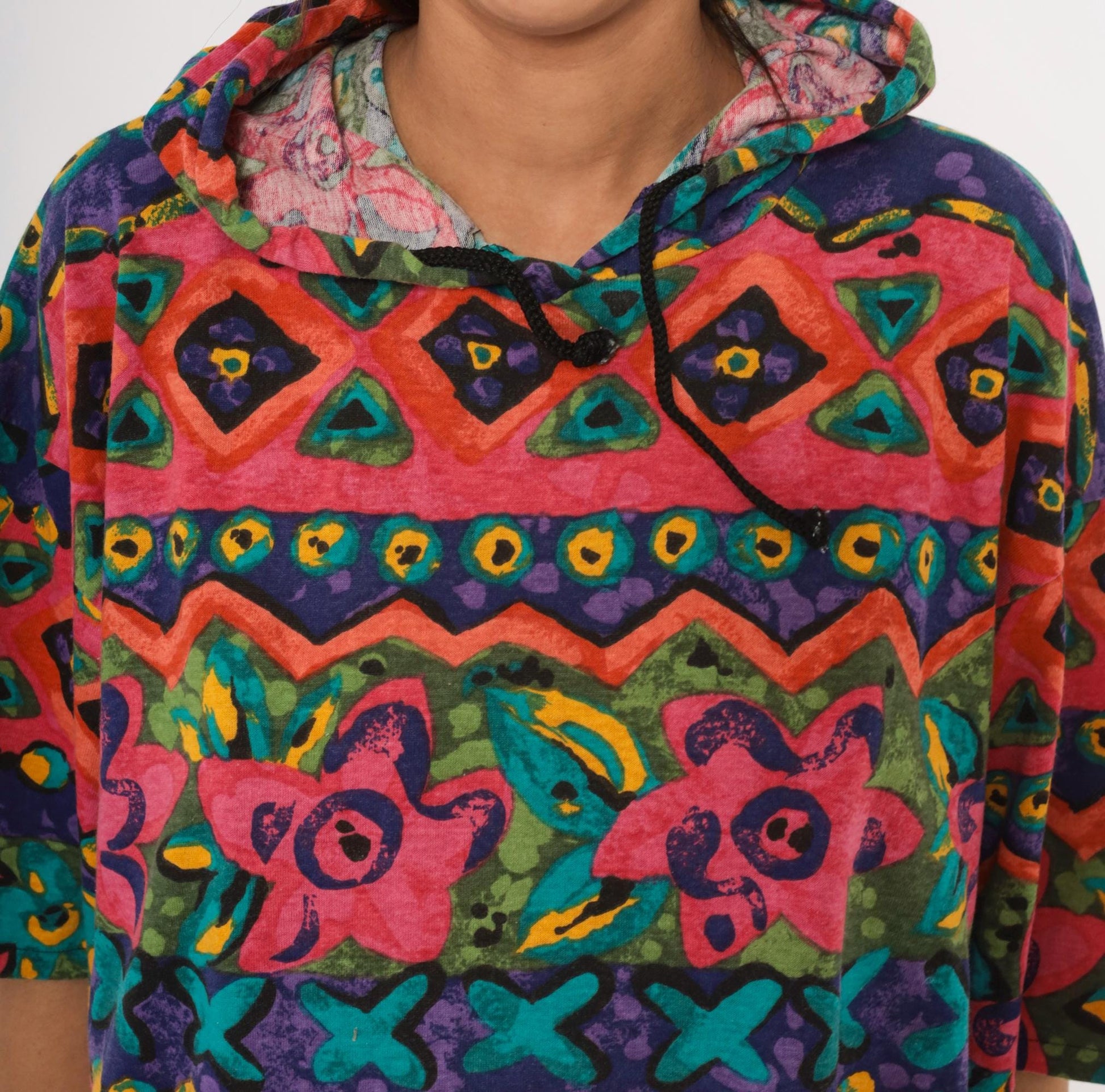90s Lady John Tribal Hoodie Pink Teal Purple Geometric Floral Pullover One Size