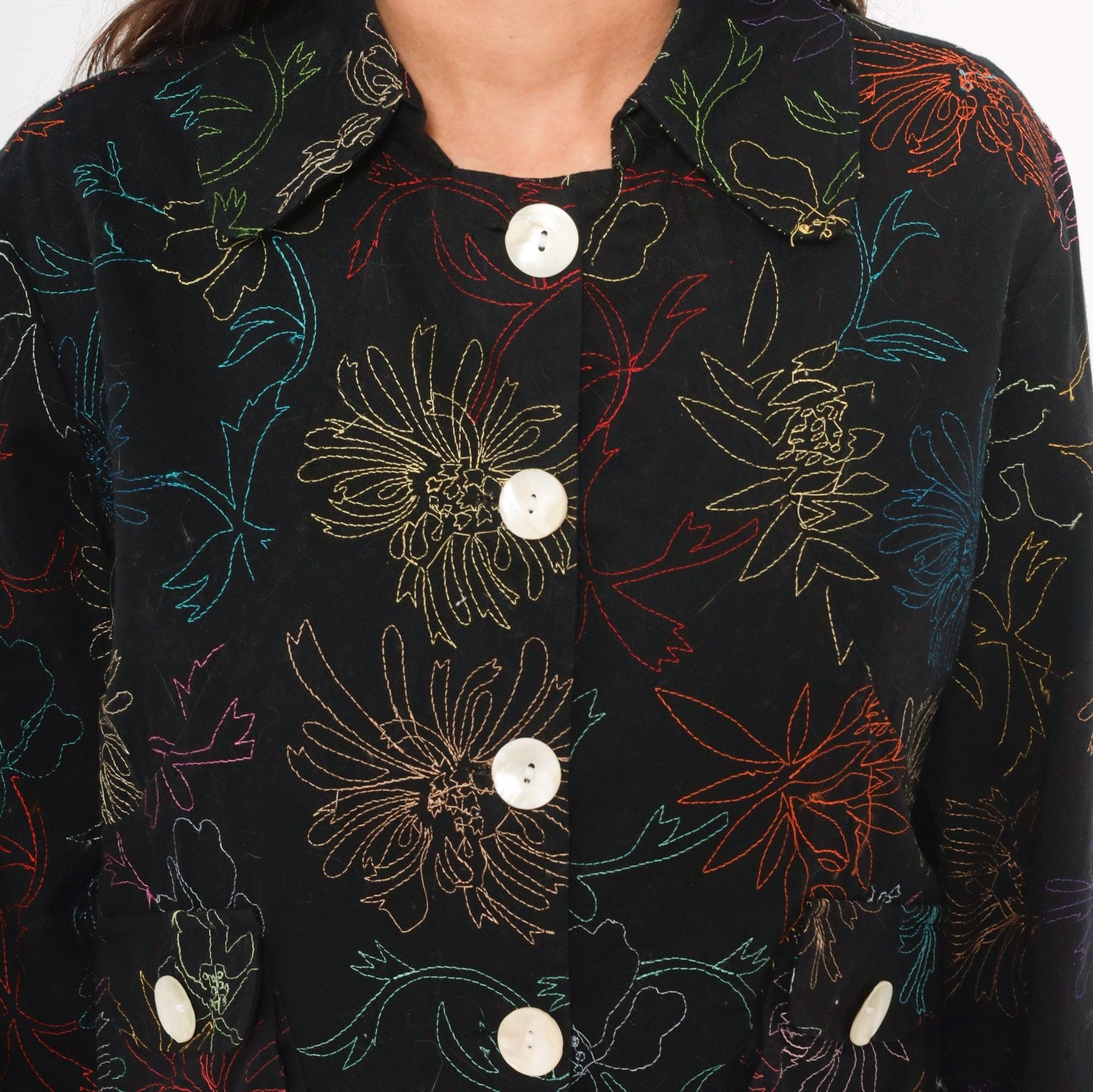 2000s Alex Kim Black Cropped Jacket Multicolor Floral Embroidery Large L