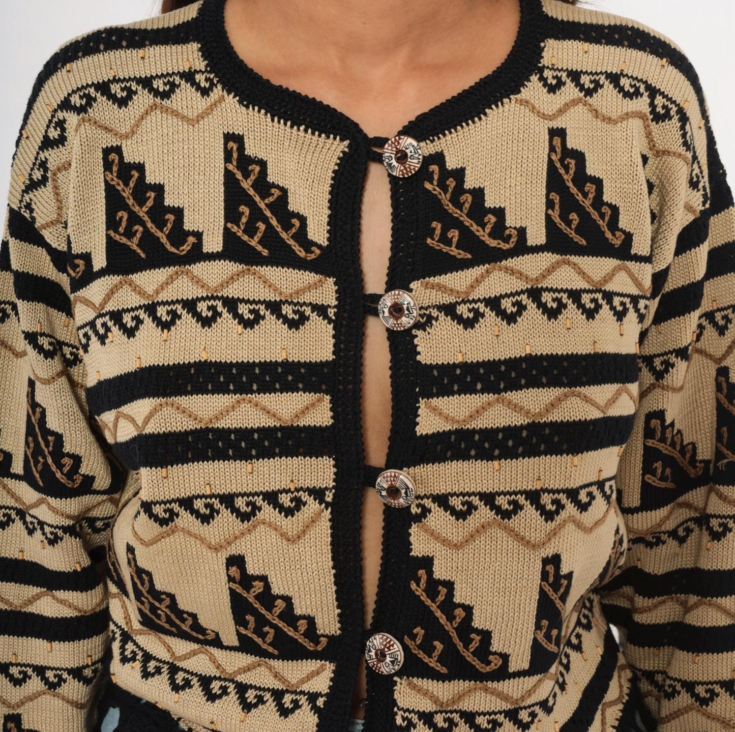 2000s Peruvian Connection Cardigan Cream Black Geometric Fringe Pima Cotton Medium M