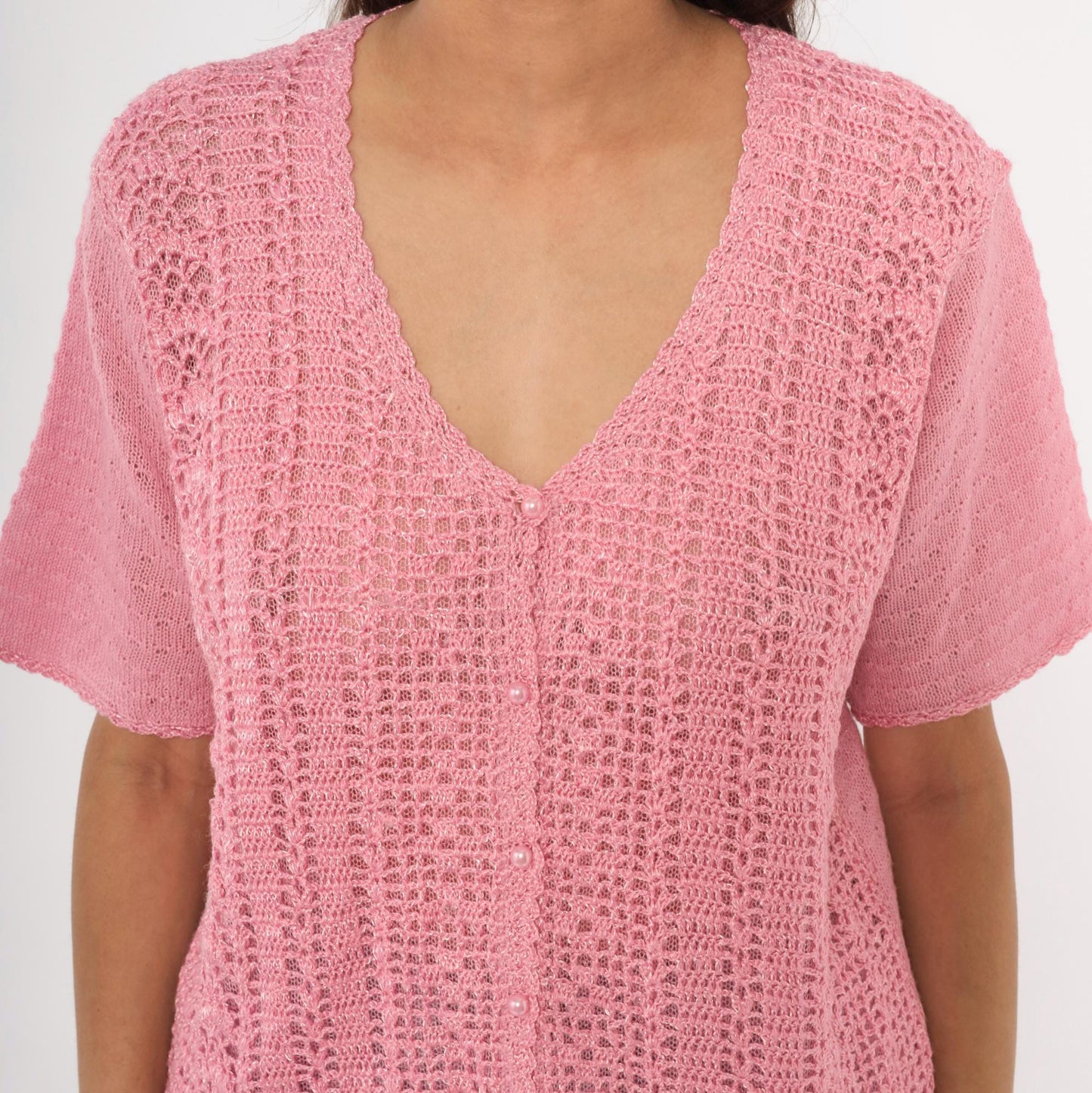 90s Jaclyn Smith Pink Crochet Cardigan V-Neck Scalloped Hem Large L