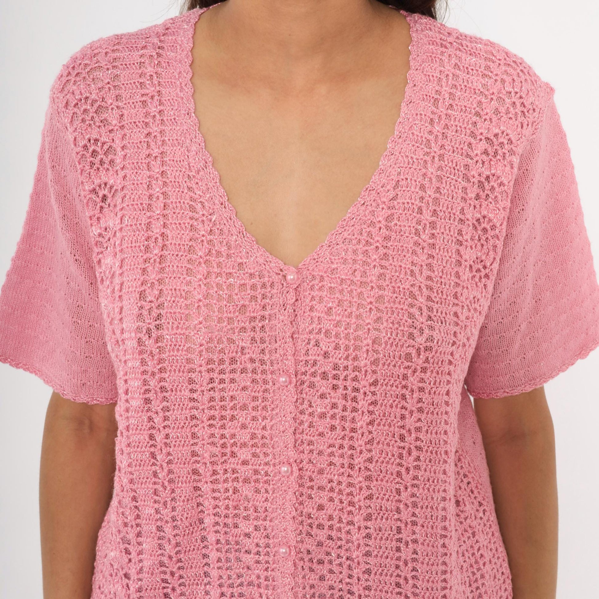 90s Jaclyn Smith Pink Crochet Cardigan V-Neck Scalloped Hem Large L