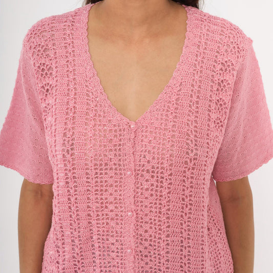 90s Jaclyn Smith Pink Crochet Cardigan V-Neck Scalloped Hem Large L
