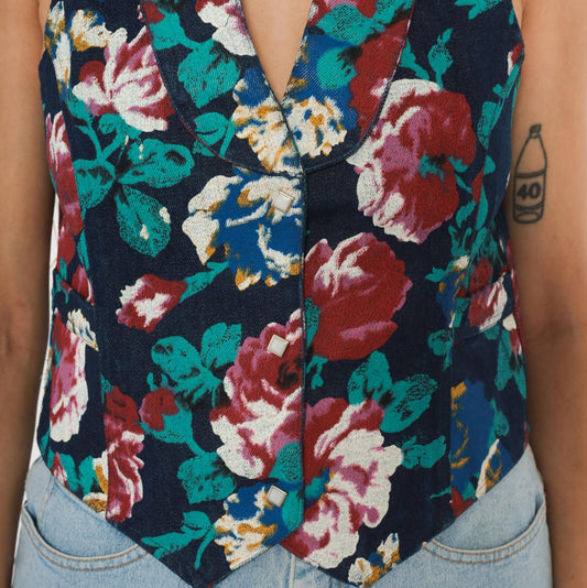 90s Tru-West Floral Denim Vest Navy Rose Teal V-Neck Pointed Hem Extra Small XS