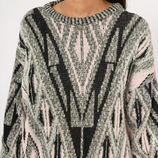 80s Elis Island Geometric Knit Sweater Grey Diamond Chevron Medium