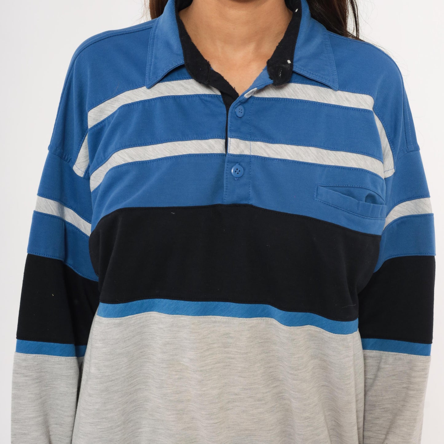 80s Knightsbridge Color Block Polo Sweatshirt Blue Striped Grey Small