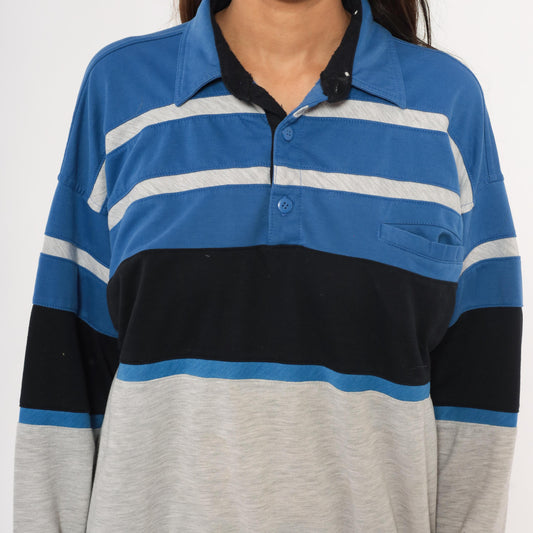 80s Knightsbridge Color Block Polo Sweatshirt Blue Striped Grey Small