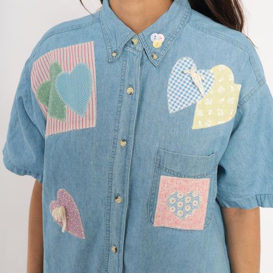 90s Satin Stitches Inc. Patchwork Heart Denim Shirt Light Wash Cotton Medium