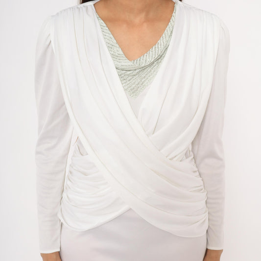80s White Draped Crossover Dress Silver Beaded Neckline Ruched Bodice Small S