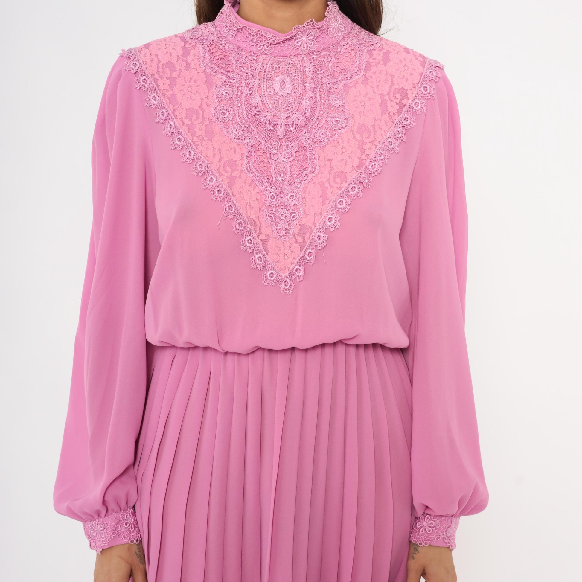 80s Rimini Pink Lace Bib Dress Bishop Sleeve Pleated Skirt Small Medium